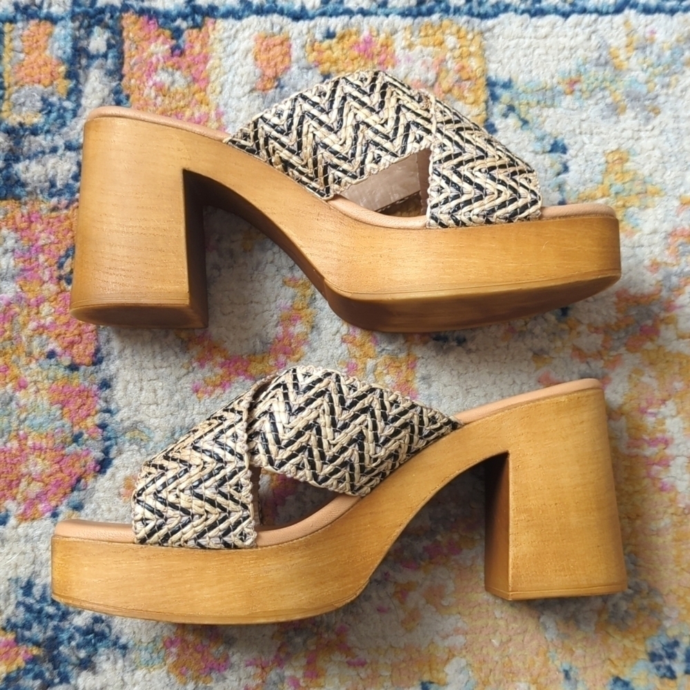 Avellini Woven Criss Cross Open Toe Slip On Heeled Platform Sandals Tan 9.5 - Picture 6 of 16